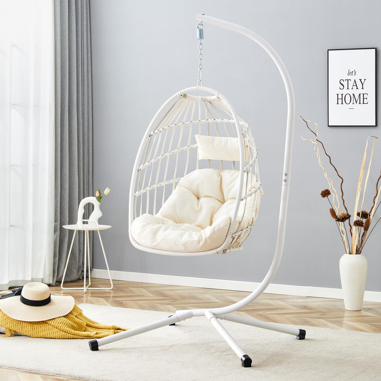 Hanging Egg Chair with Stand, Outdoor Swing Chair with Cushion and Headrest, Rattan Hammock Egg Chair for Backyard, Balcony, Indoor, 300lbs Capacity, White JEARGE