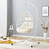 Hanging Egg Chair with Stand, Outdoor Swing Chair with Cushion and Headrest, Rattan Hammock Egg Chair for Backyard, Balcony, Indoor, 300lbs Capacity, White JEARGE