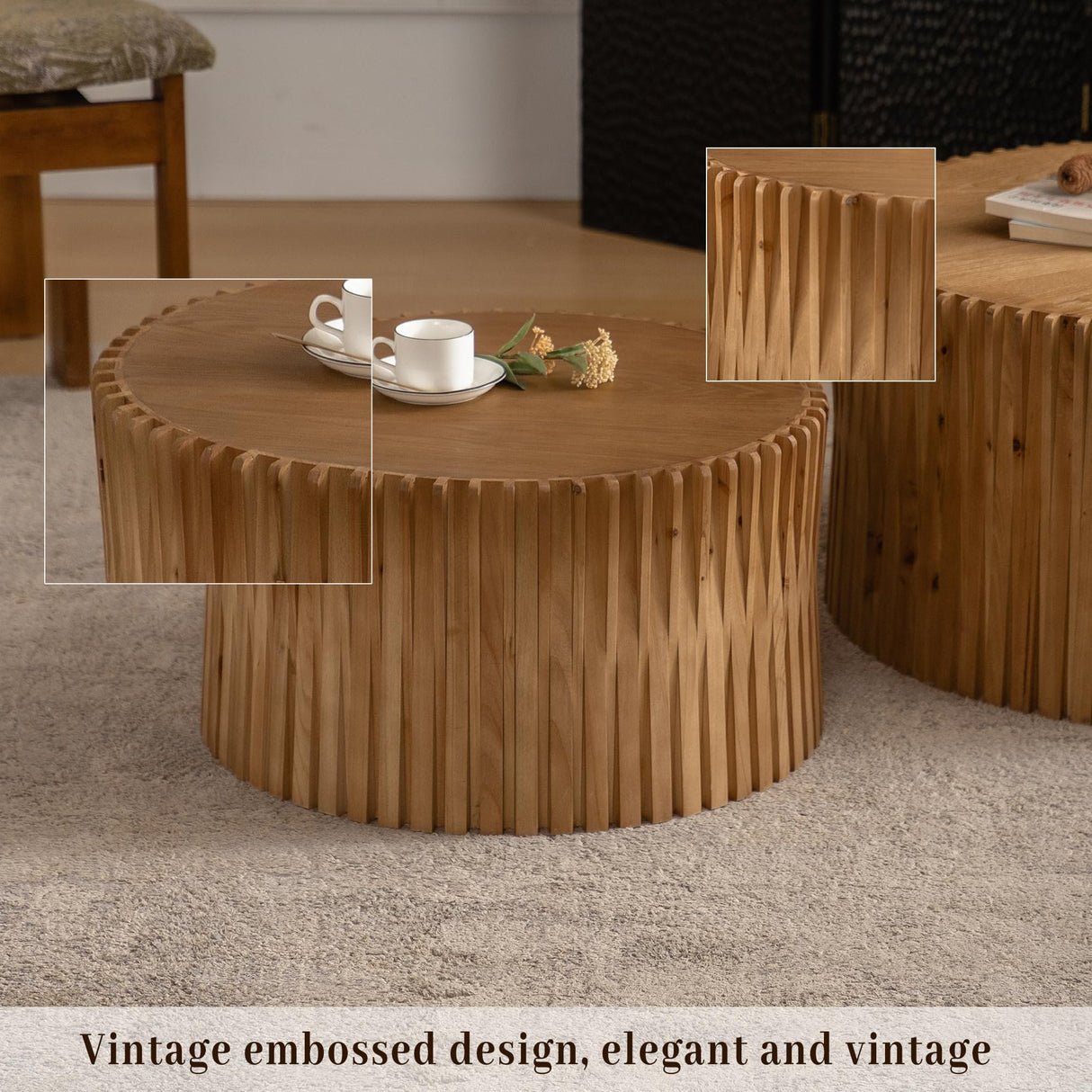 KIGFTSOD Vintage Modern Nesting Coffee Table Set of 2, Round Wooden Table Accent End Table Cylindrical Set with Vertical Textured Embossed Design for Living Room, Apartment (Natural) KIGFTSOD