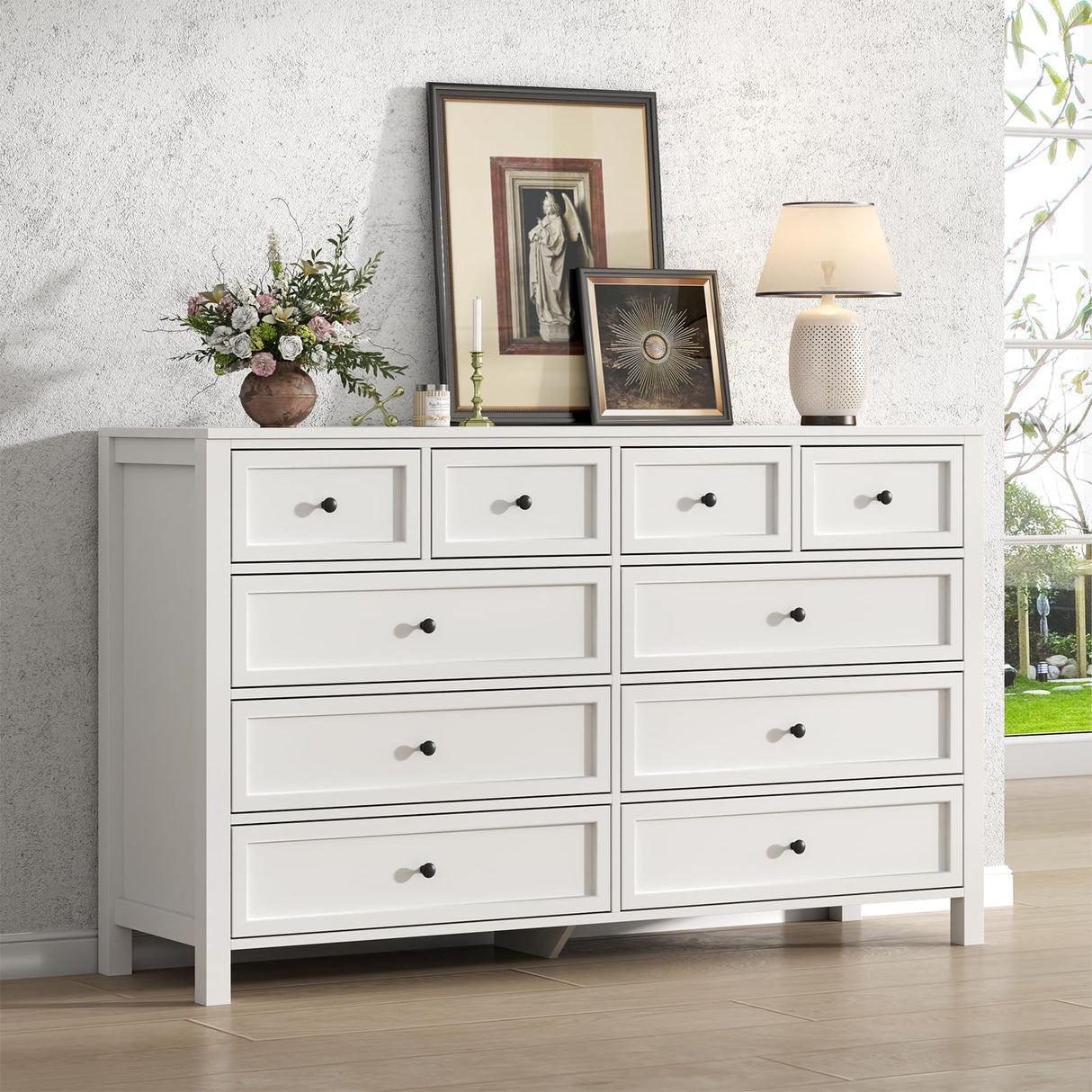 Farmhouse 10 Drawers Dresser for Bedroom, White Dresser Chest of Drawers, Wood Storage Dressers with Deep Drawers and Metal Handle, Wide Modern Dressers & TV Stand for Living Room, Closet, Hallway Gyfimoie
