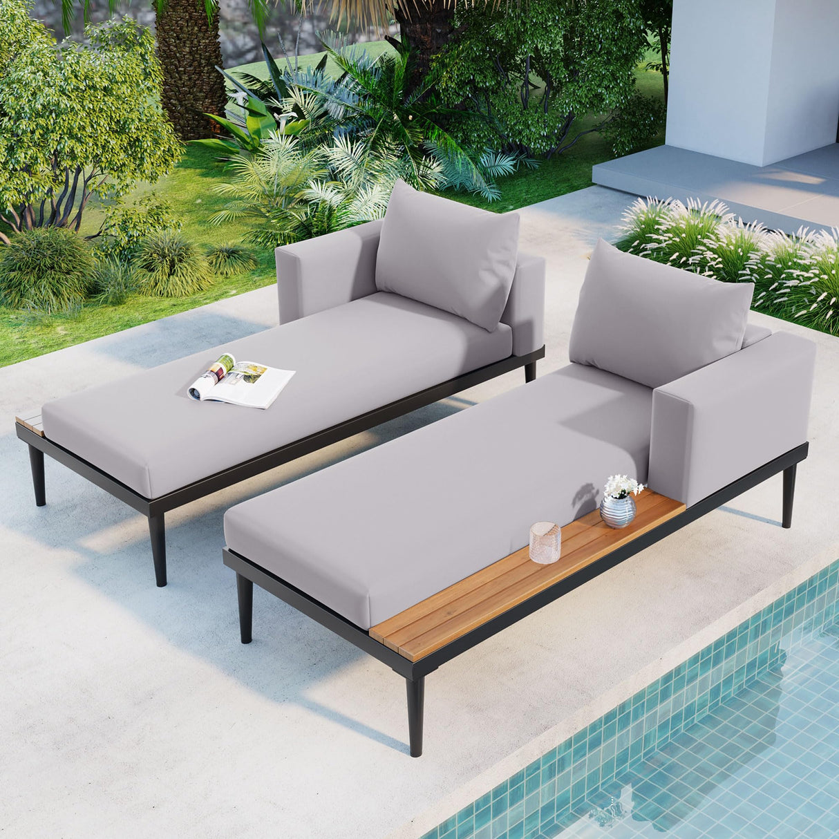 Polibi Patio Metal Daybed with Wood Topped Side Spaces for Drinks,Modern Outdoor Daybed 2 in 1 Padded Chaise Lounges for Poolside, Balcony, Deck,Gray Polibi