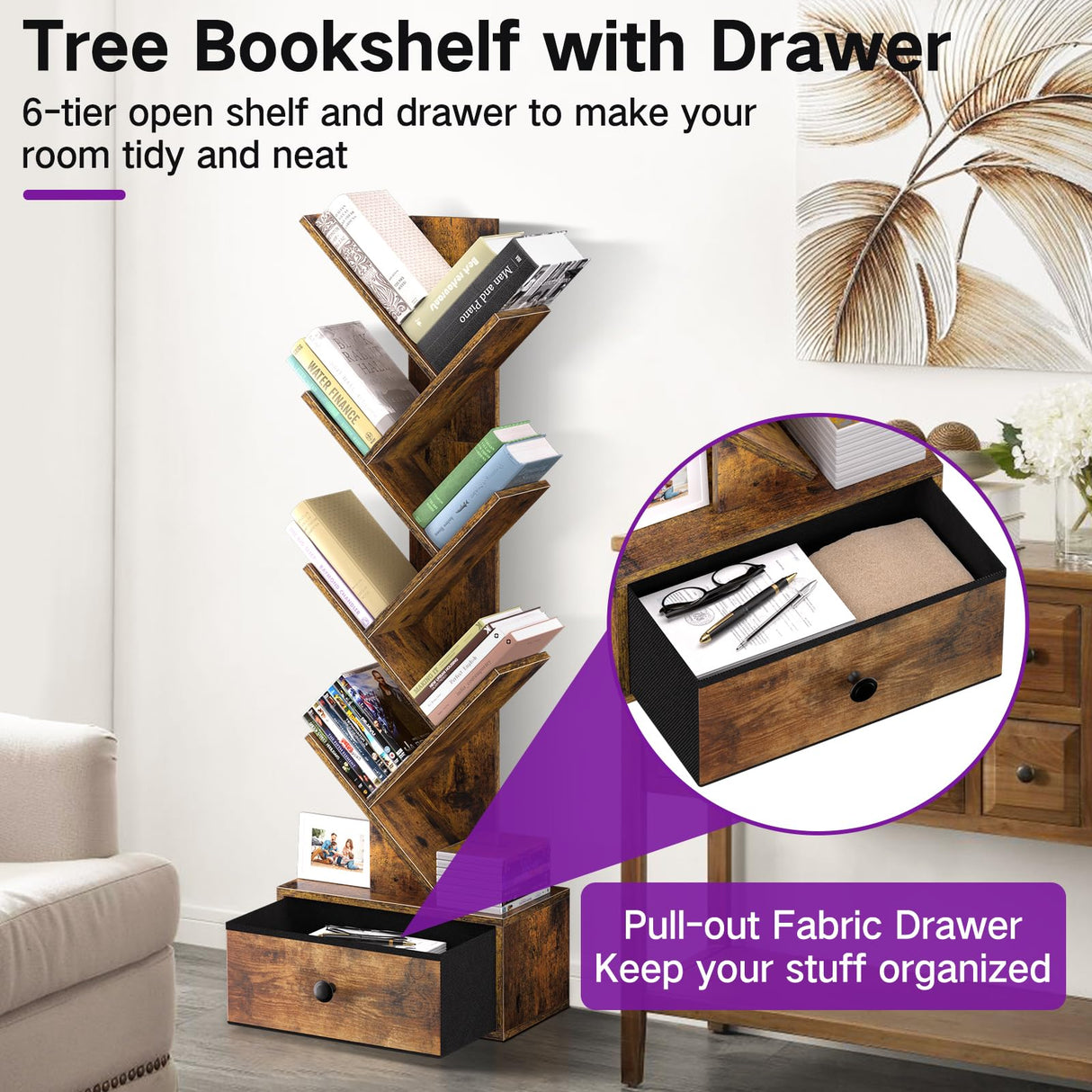 OUTONLIFE Tree Bookshelf with Drawer, 6 Tier Book Shelves, Narrow Floor Standing Bookcase, Corner Book Storage Rack for CDs/Movies/Books, Wood Bookshelves for Living Room, Home Office, Bedroom OUTONLIFE