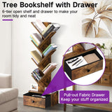 OUTONLIFE Tree Bookshelf with Drawer, 6 Tier Book Shelves, Narrow Floor Standing Bookcase, Corner Book Storage Rack for CDs/Movies/Books, Wood Bookshelves for Living Room, Home Office, Bedroom OUTONLIFE