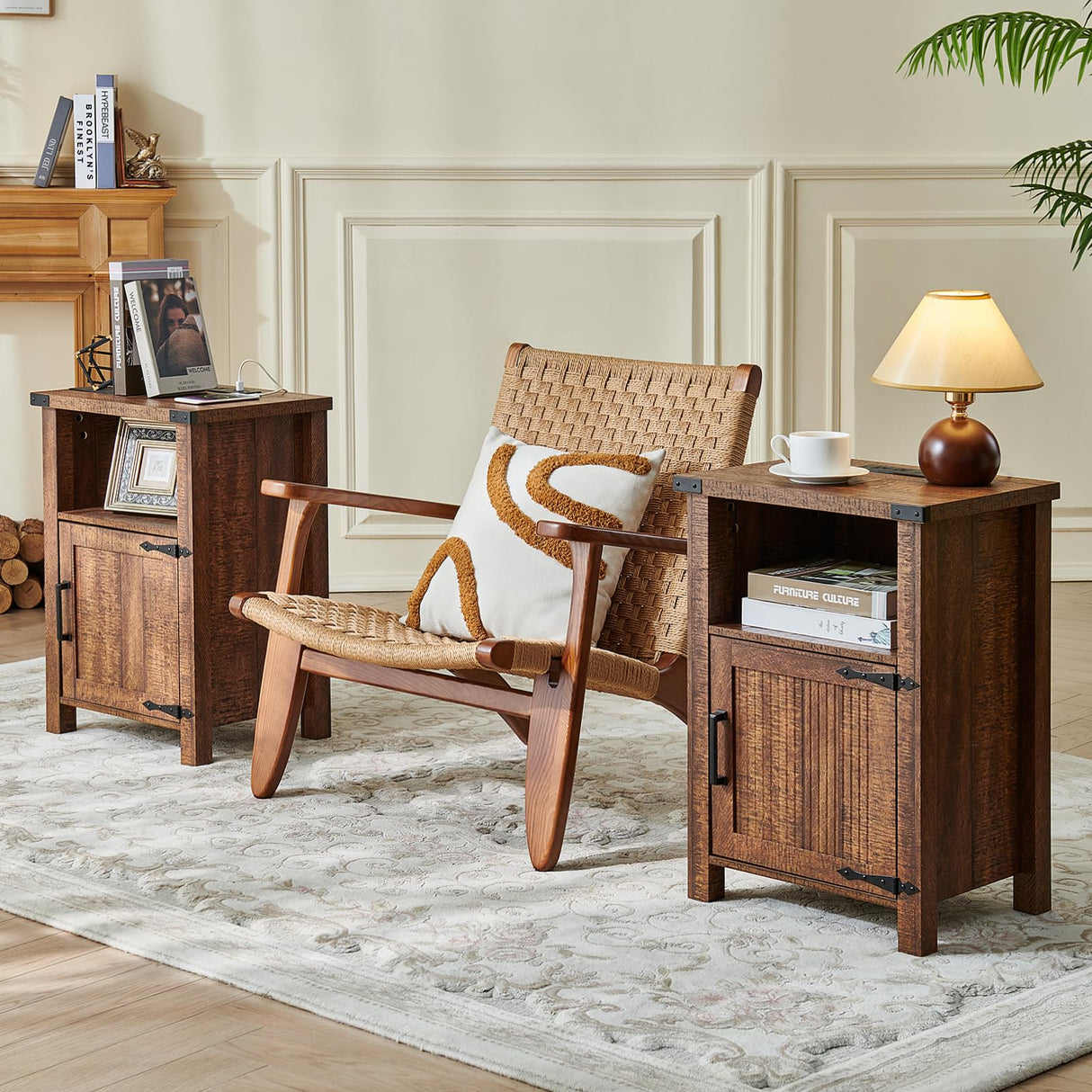 Joaxswe Night Stand with Charging Station and USB Port, 18 Inch Farmhouse Nightstand with Storage Shelf, Rustic Wood Bedside Table with Magnetic Door, Bed Side Tables for Bedroom, Reclaimed Barnwood Joaxswe