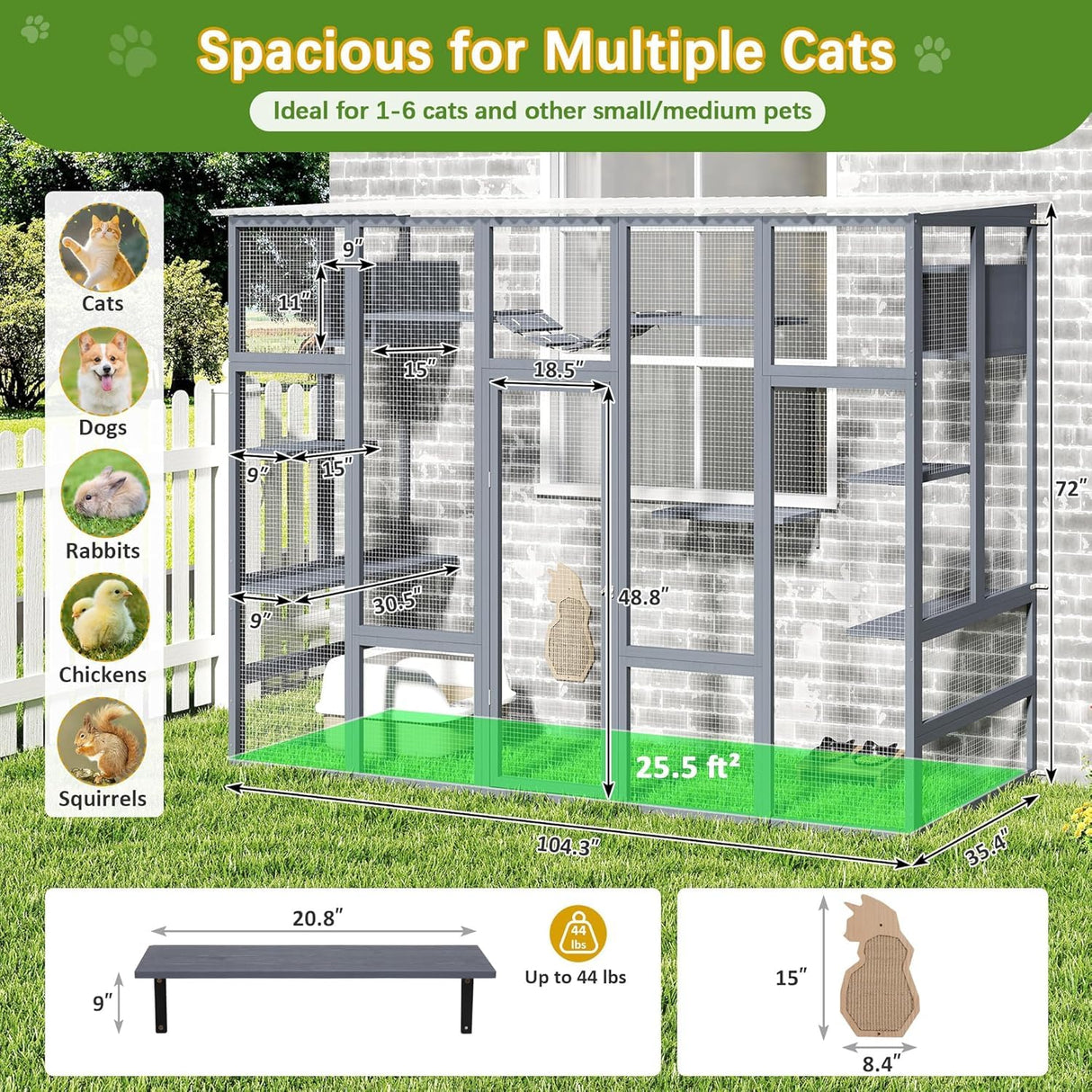 COZIWOW Catio Outdoor Cat Enclosure Window, 104" Wooden Large Catio Outside Cattery for Multiple Cats with Sloped Waterproof Cover, Grey COZIWOW