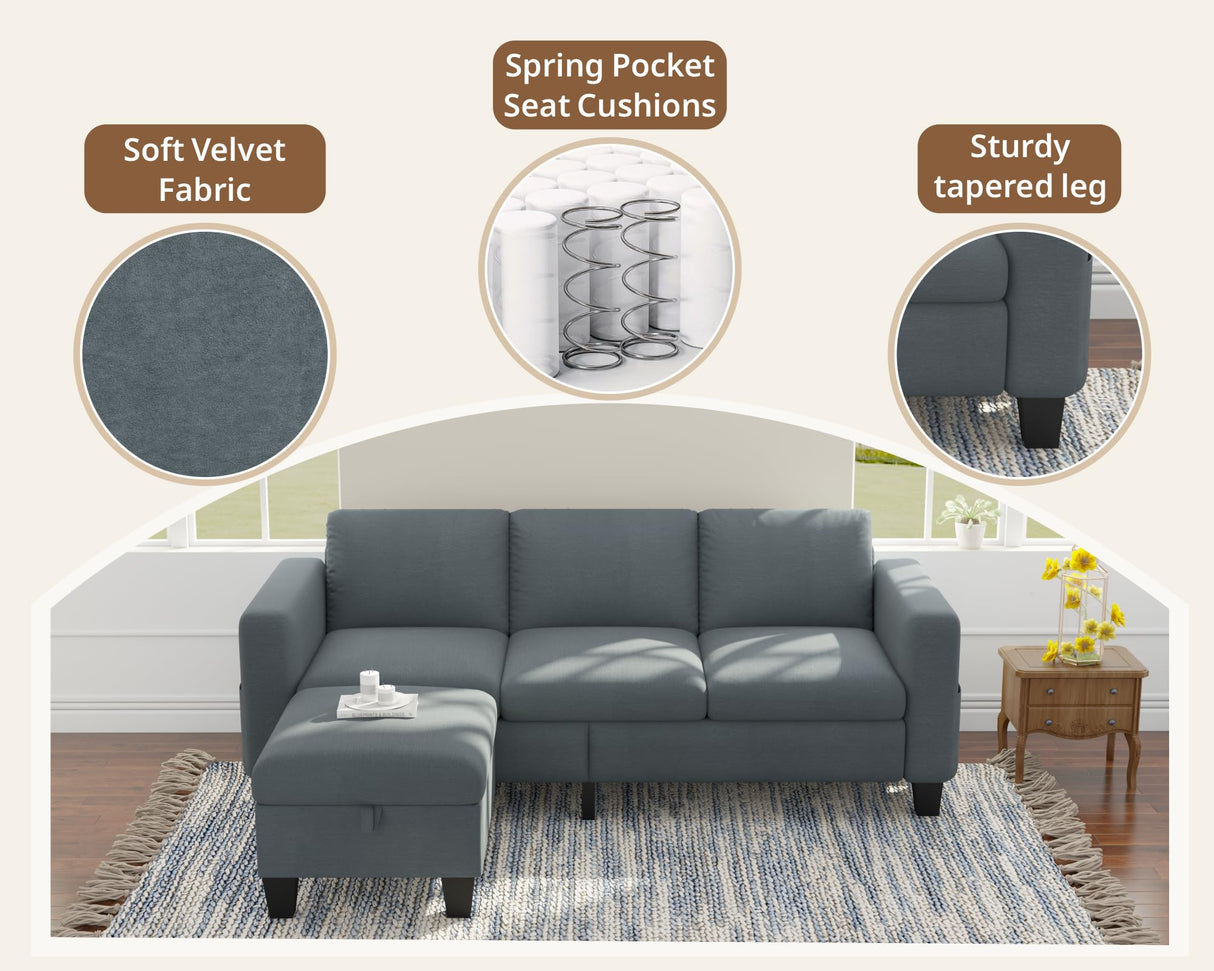 Woyomeub Sectional Sofa Couches for Living Room 78" L Shaped Sofas with Storage Ottoman 3 Seater Couch Velvet Fabric, Dark Grey Woyomeub