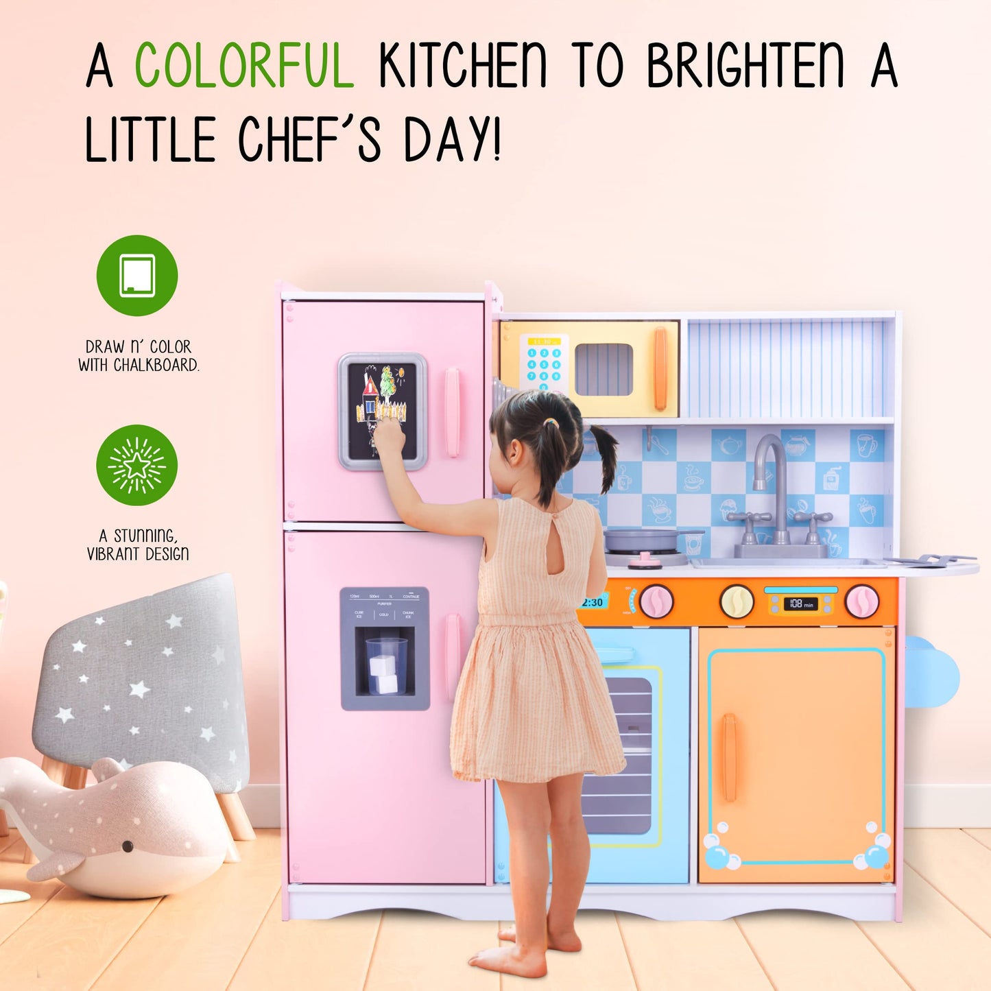 Lil' Jumbl Kids Kitchen Set, Pretend Wooden Play Kitchen with Chalk Board, Play Phone, Towel Rack & Ice Dispenser, Clicking Knobs, Pots & Utensils Included - Colorful