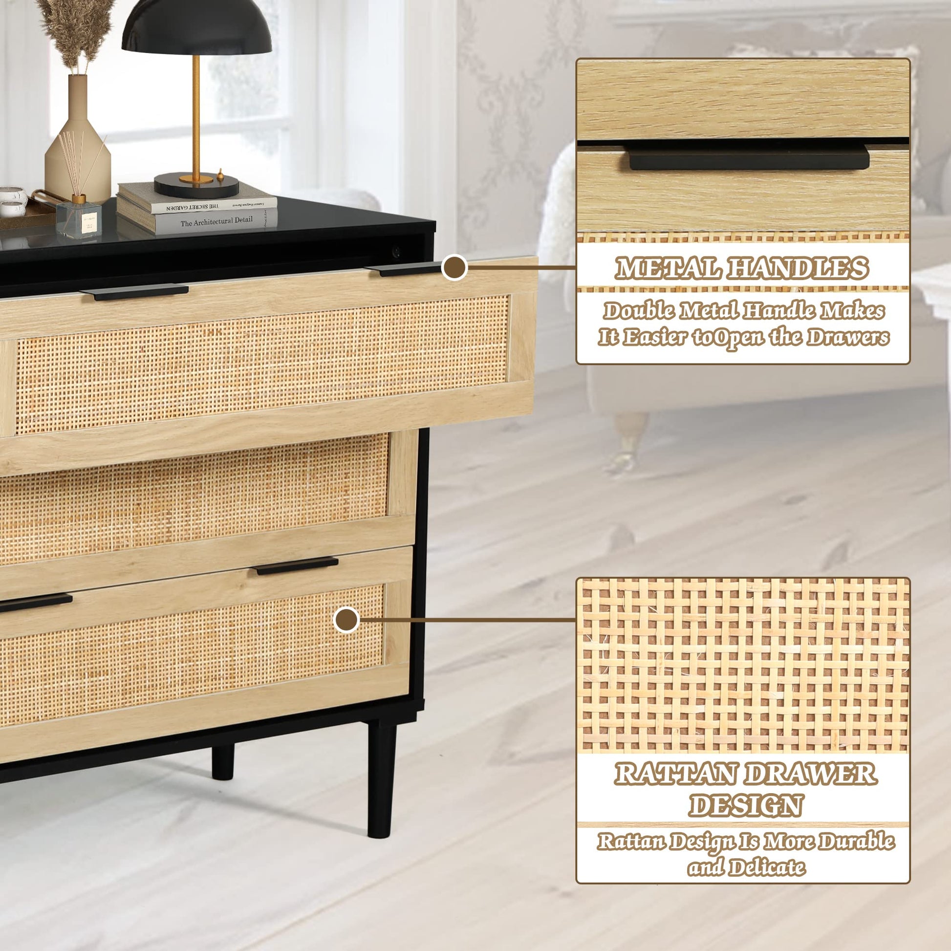 LAZZO Rattan 3 Drawer Wood Dresser Boho Large Storage Cabinet Nightstand Chest for Bedroom Mid Century Modern Chest of Drawers Wide Closet Dresser Storage Organizer - WoodArtSupply