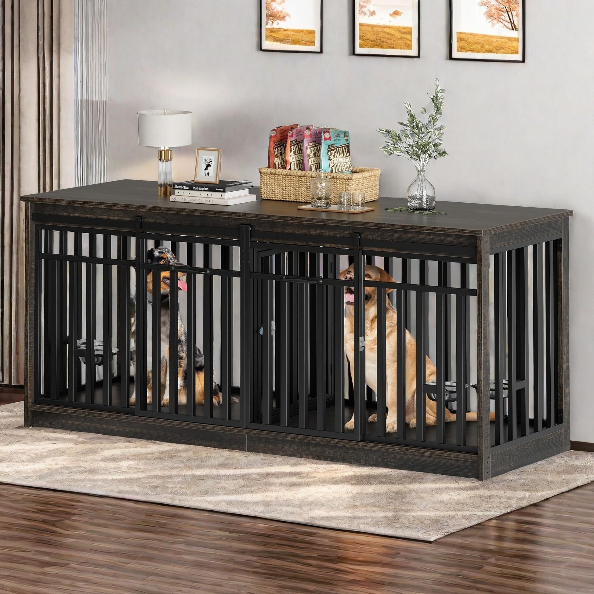 YITAHOME 71 Inch Double Dog Crate Furniture for 2 Dogs, Heavy Duty Wooden Dog Crate TV Stand with 4 Dog Bowls, Dog Kennel Indoor Furniture Sliding Barn Door Design for Extra Large Dogs, Black - WoodArtSupply