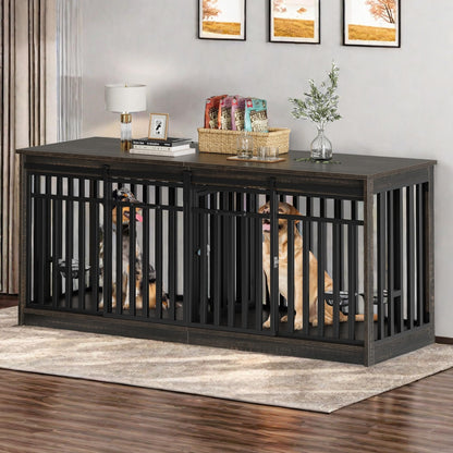 YITAHOME 71 Inch Double Dog Crate Furniture for 2 Dogs, Heavy Duty Wooden Dog Crate TV Stand with 4 Dog Bowls, Dog Kennel Indoor Furniture Sliding Barn Door Design for Extra Large Dogs, Black - WoodArtSupply