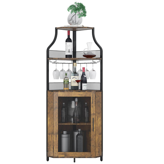 GAOMON Corner Wine Cabinet,Wine and Glass Rack,Freestanding Liquor Cabinet Bar Cupboard with Storage Shelves for Kitchen, Dining Room,Living Room (Rustic Brown) - WoodArtSupply