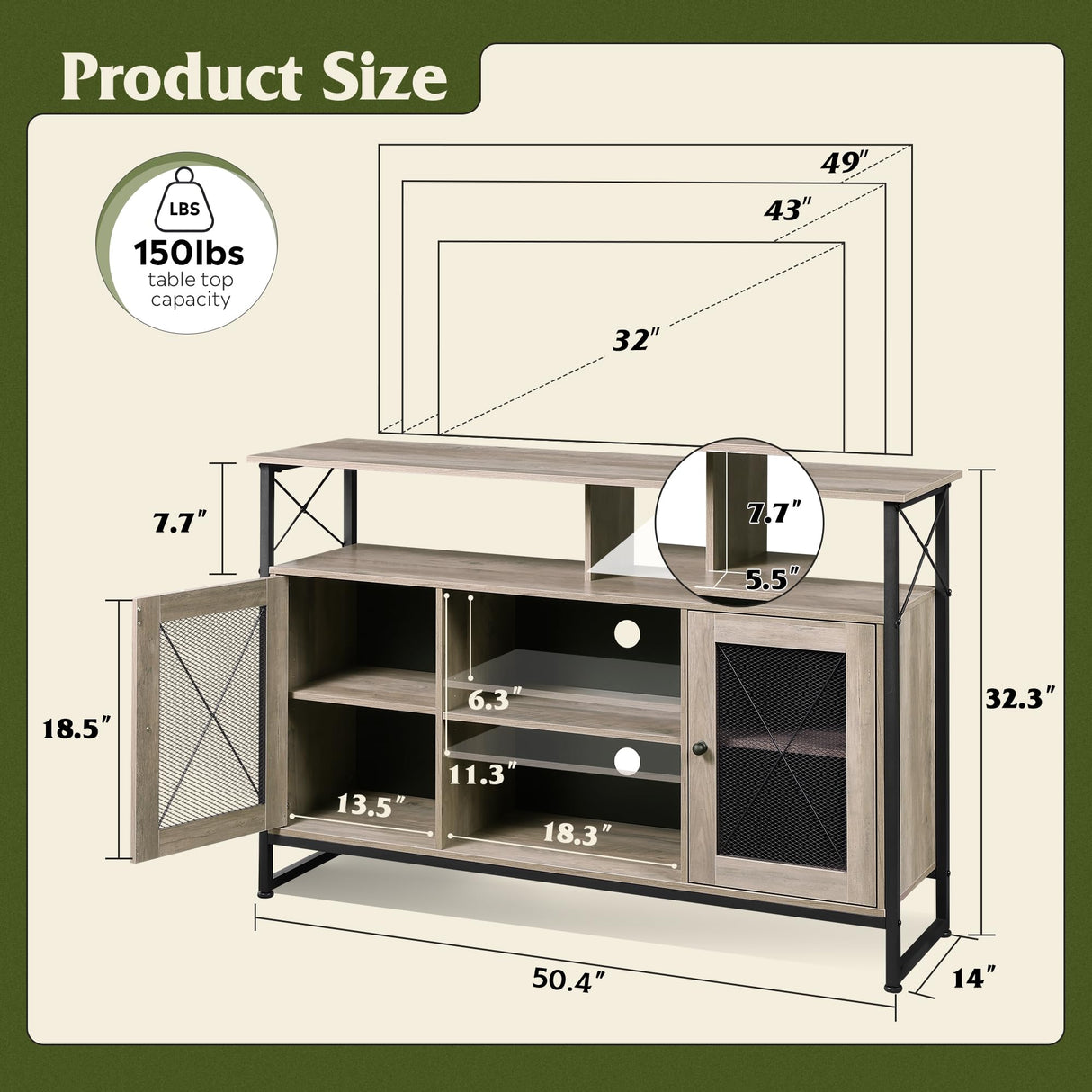WLIVE TV Stand 55 inch TV, Tall Entertainment Center with Storage, Farmhouse Industrial TV Console for Bedroom Living Room, Greige WLIVE