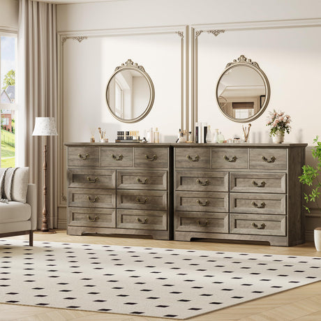 Dresser for Bedroom with 9 Drawers, 47" Wide Vintage Chest of Drawers with Metal Handle & Natural Texture, Wood Dresser for Closet with Two Different Drawer Sizes for Living Room, Hallway, Grey Garvee