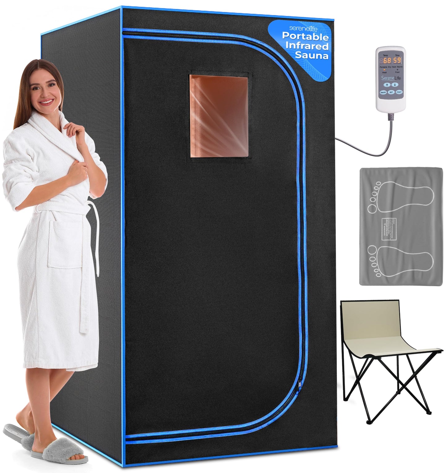 SereneLife Portable Sauna for Home, Infrared Sauna Tent with Heated Foot Pad and Folding Chair, Compact Personal Rejuvenation Sauna, Remote Control in-Home Spa, 35" x 71" - inch (Black)