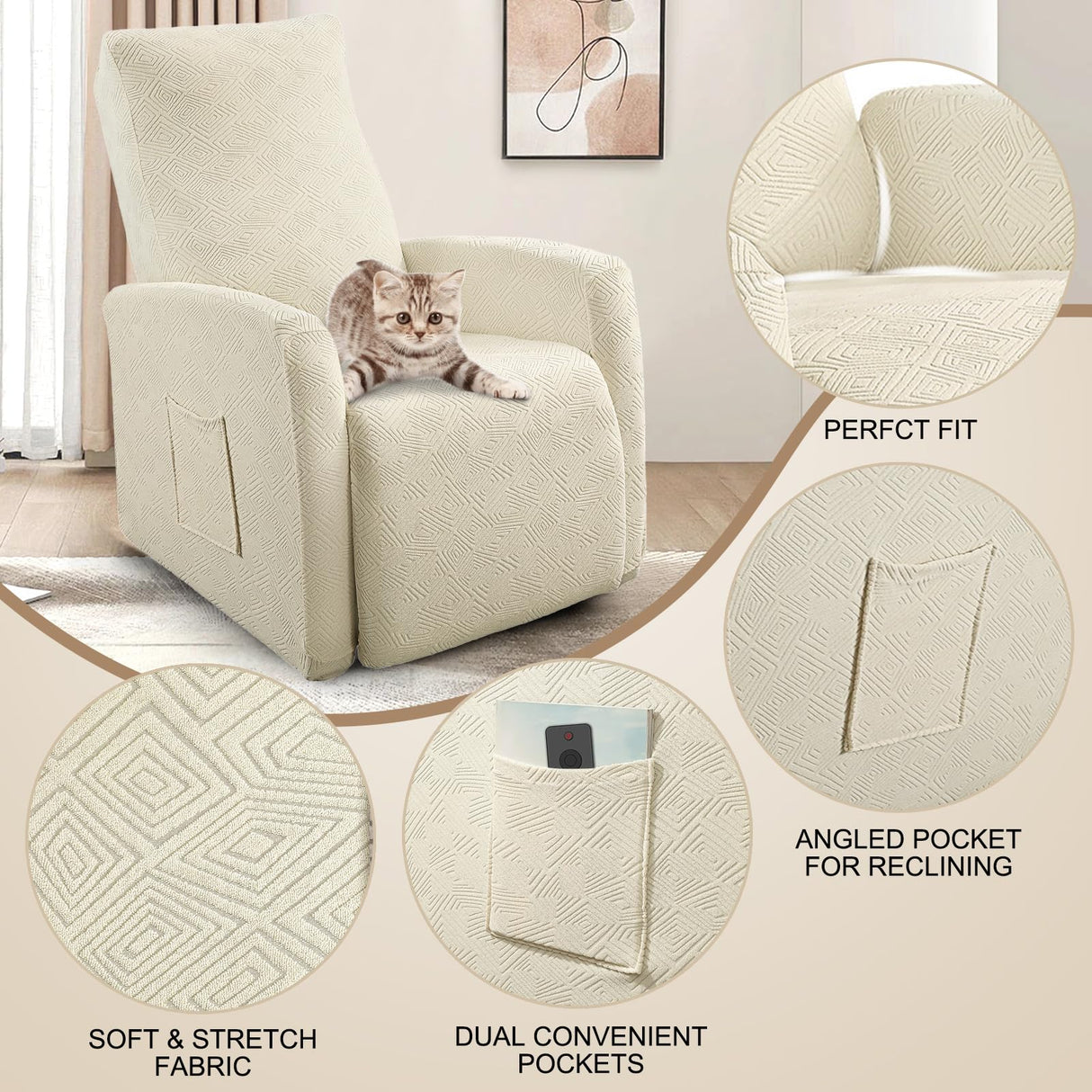 SearchI Recliner Chair Cover Jacquard Chair Covers 4 Piece, Small Recliner Sofa Slipcover for Home Theater Seating with Elastic Bottom, Recliner Protector with Pocket for Recliners, Beige SearchI