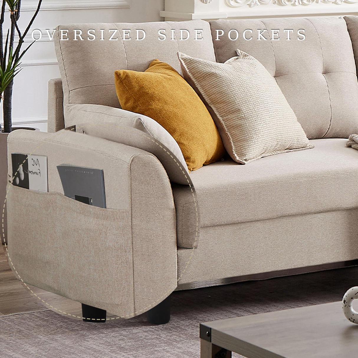 Chireca 102" Convertible Sectional Sofa, Modern L Shaped Couch with Storage Ottoman and Side Pockets, 4 Seater Sofa for Living Room Apartment, Beige Chireca