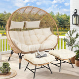 RADIATA Double Egg Chair with Footrests, 2 Person Wicker Lounge Chair with Thickened Cushion and Legs, Outdoor Wide Loveseat for Patio Garden Porch Indoor 680 lbs Weight Capacity (Beige with ottomans) RADIATA
