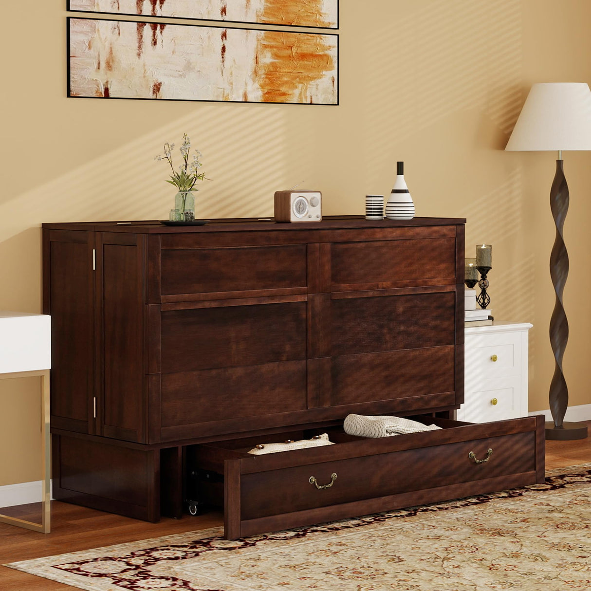 TrendTerrace Solid Wood Murphy Bed Queen: Murphy Chest Queen Deep Brown Red Murphy Bed Cabinet with USB Port, Wall Murphy Chest with Large Drawer for Home/Guest Room (Without Mattress) TrendTerrace