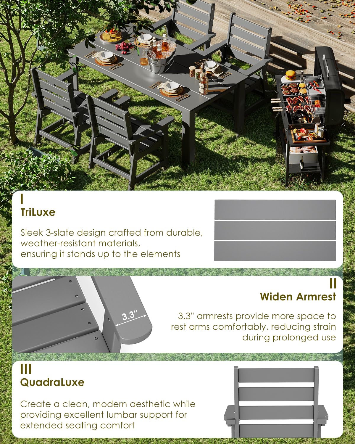 GREENVINES 5-Piece Patio-Dining-Set | HDPE Plastic | Outdoor Table and Chairs Sets for 4 | Patio Furniture | All Weather | Umbrella Hole | for Backyard Poolside Garden | Grey GREENVINES