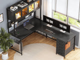 SEDETA L Shaped Gaming Desk with Drawers, L Shaped Computer Desk with Hutch and Storage Shelves, Gaming Desk with Pegboard, Led Lights, and Power Outlet, Home Office Desk, Corner Desk, Black SEDETA