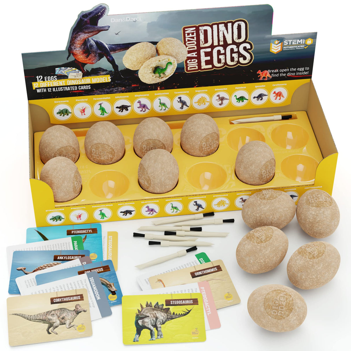 Dan&Darci Dig a Dozen Dino Egg Kit for Kids - Dinosaur Toys Gift 3-12 Year Old - 12 Eggs & Surprise Dinosaurs - Basket Stuffers - Science STEM Activities - Boy Toy Party Gifts for Boys & Girls Dan&Darci