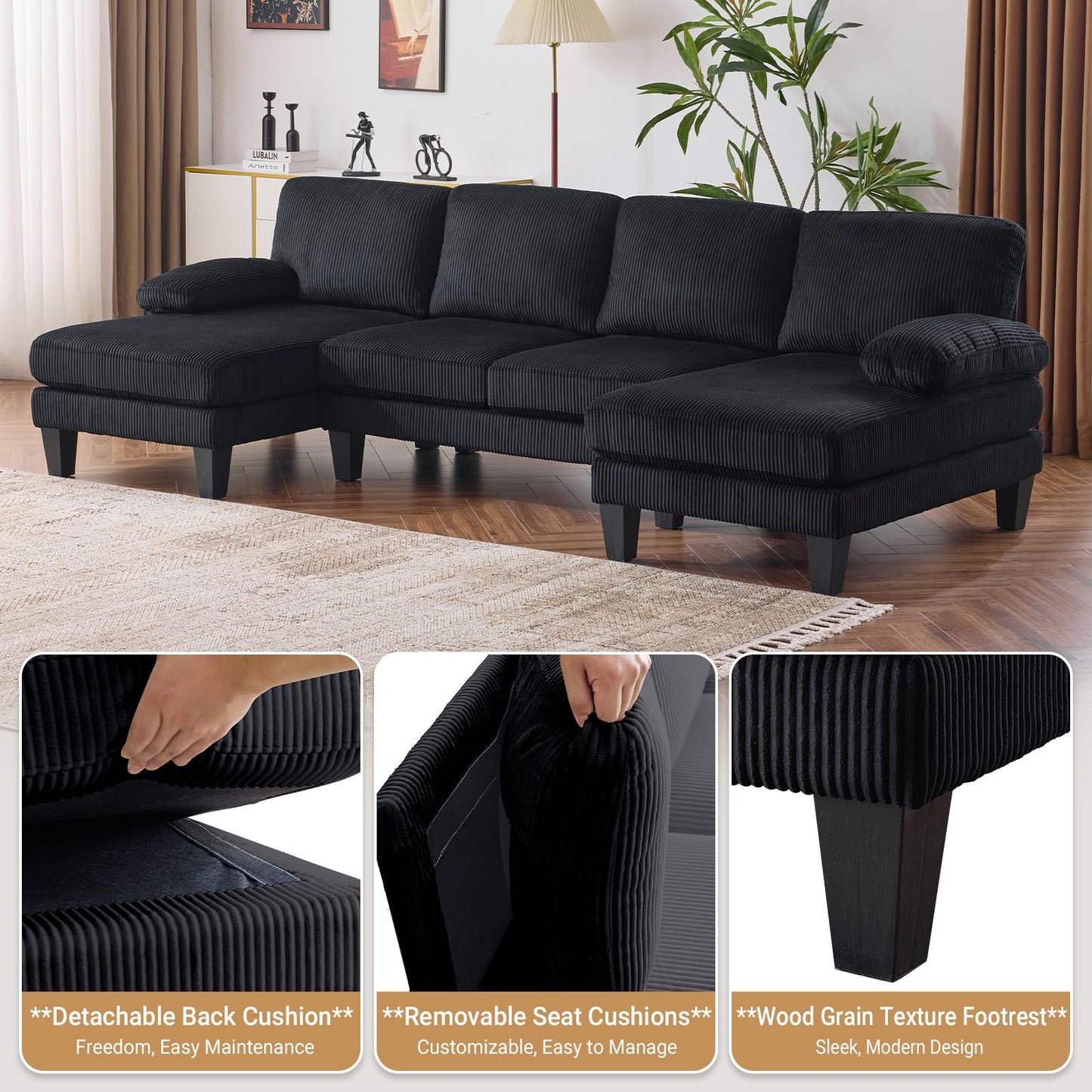 VINGLI 110" Sectional Couches for Living Room,U Shaped Couch with Double Chaise, 4-Seat Sofa Set with Corduroy Fabric for Home Furniture,Black