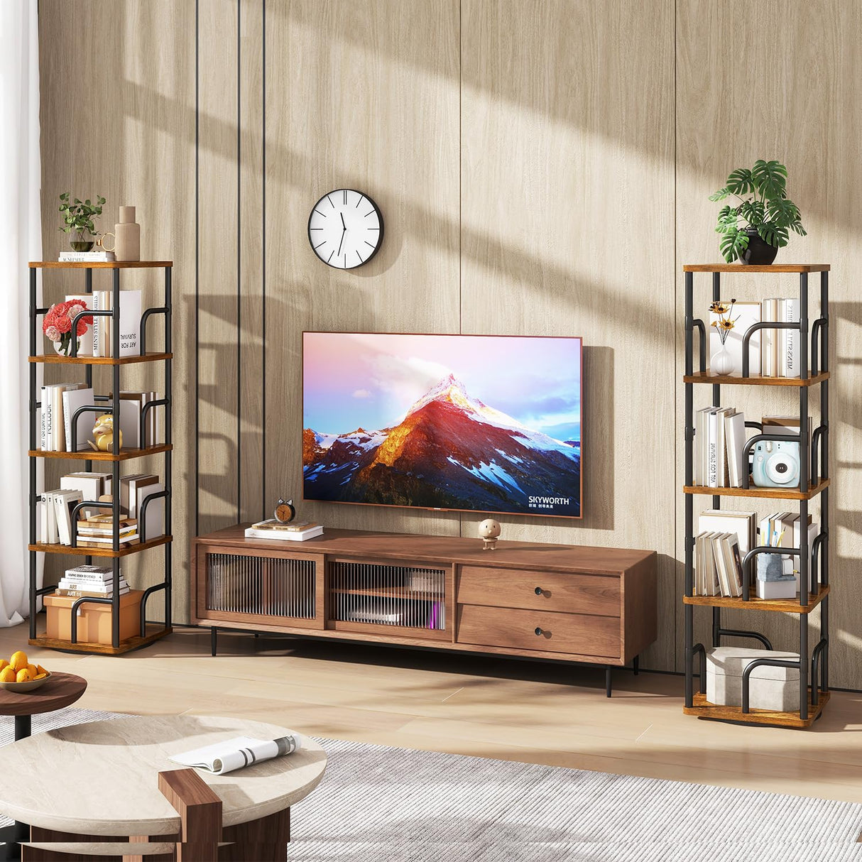 IBUYKE 5 Tier Square Rotating Bookshelf, 360° Spinning Bookcases Tower,Freestanding Corner Bookshelf with Rails,Industrial Swivel Bookcase Organizer for Bedroom, Living Room,Study,Brown,UTBC004H