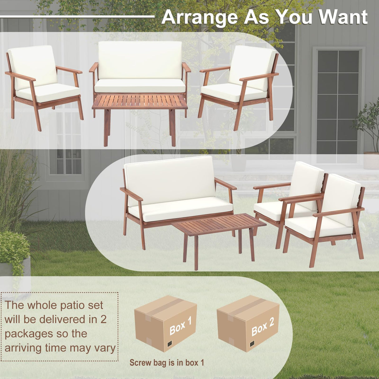 Tangkula 4 Piece Outdoor Conversation Set, Acacia Wood Sofa Set with Soft Seat & Back Cushions, Rectangle Coffee Table Patio Wood Furniture Set for Backyard, Poolside, Garden (1, Off White) Tangkula