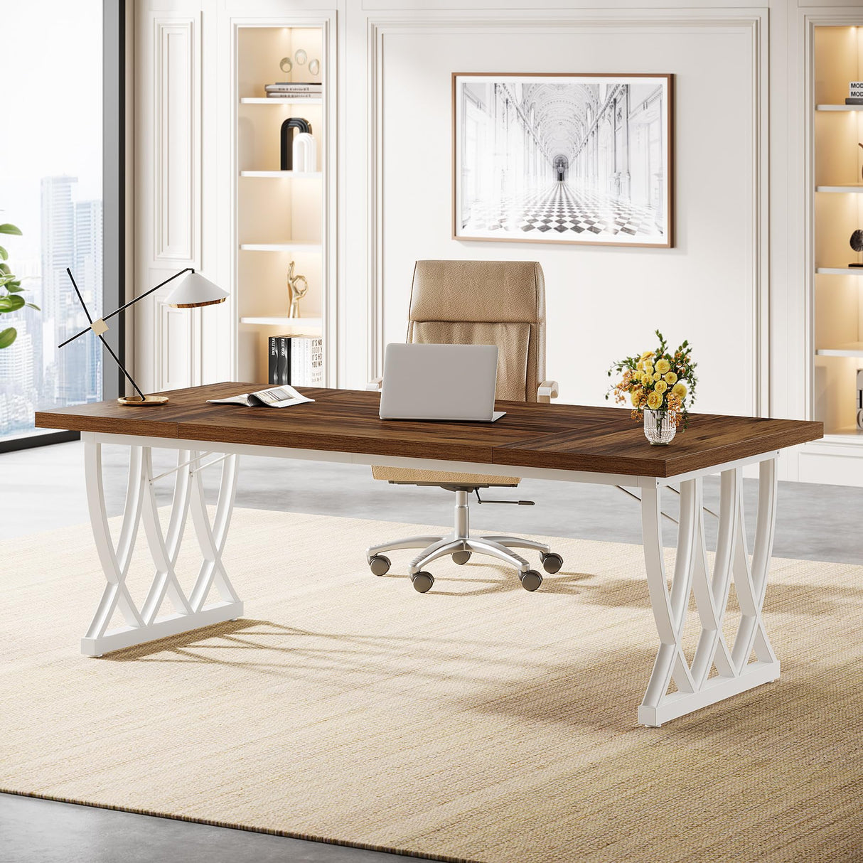 Tribesigns 70.86-Inch Executive Desk, Large Home Office Desk Computer Desk with Thick Metal Frame, Rectangle Study Writing Table Workstation for Home Office, Retro Brown & White Tribesigns