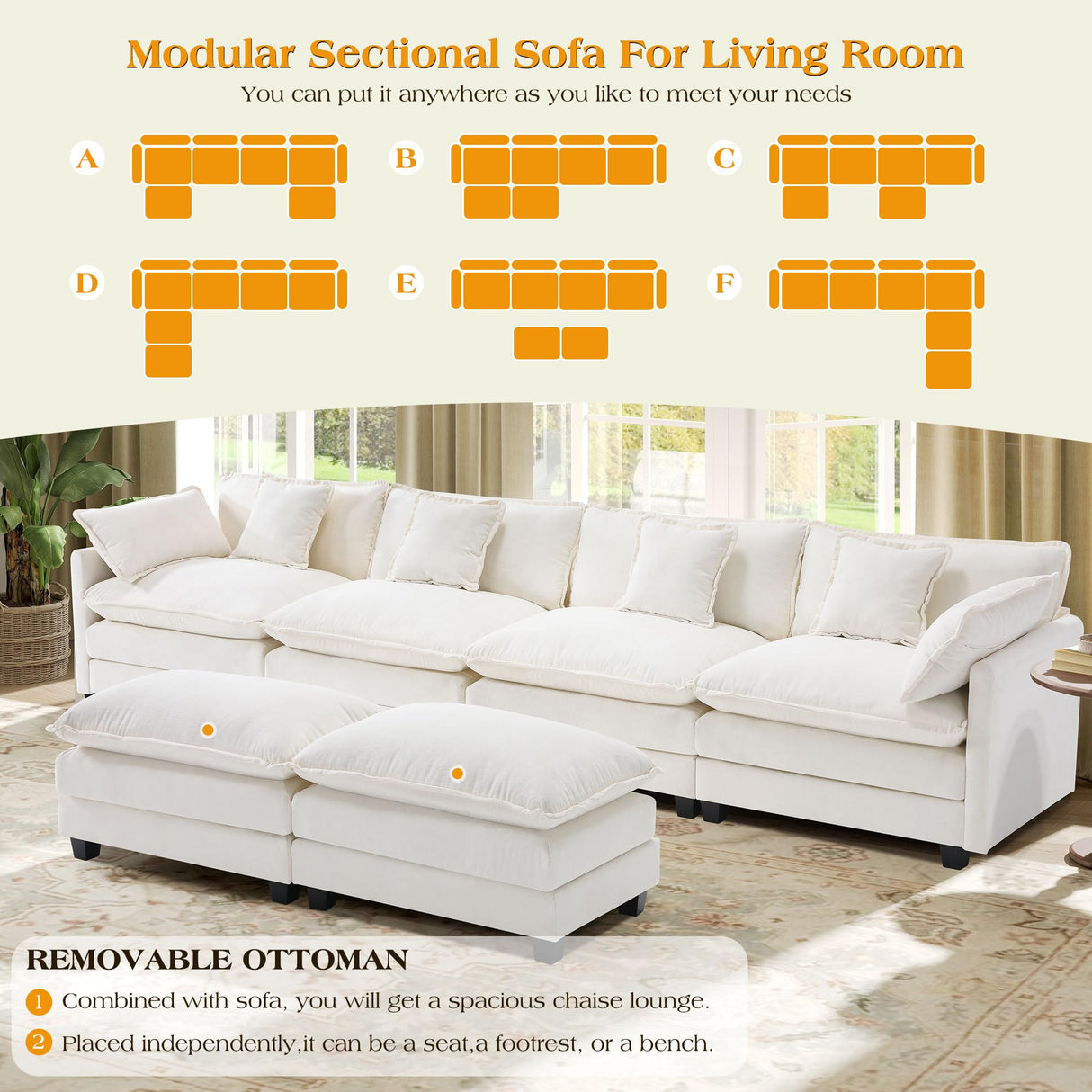 149.2" Modular Sectional Sofa,U Shaped Couch for Living Room,Modern Deep Seat Sofa 3 Seater Chenille Fabric Comfy Cloud Couches with Throw Pillows & Movable Ottoman Hanherry