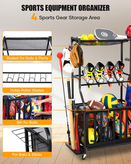 EXTCCT Garage Sports Equipment Organizer with Wheels - Golf Bag Storage Rack and Ball Storage Bins, Heavy Duty Rolling Garage Organizer System with Basket and Hooks for Indoor/Outdoor Sports Gear EXTCCT