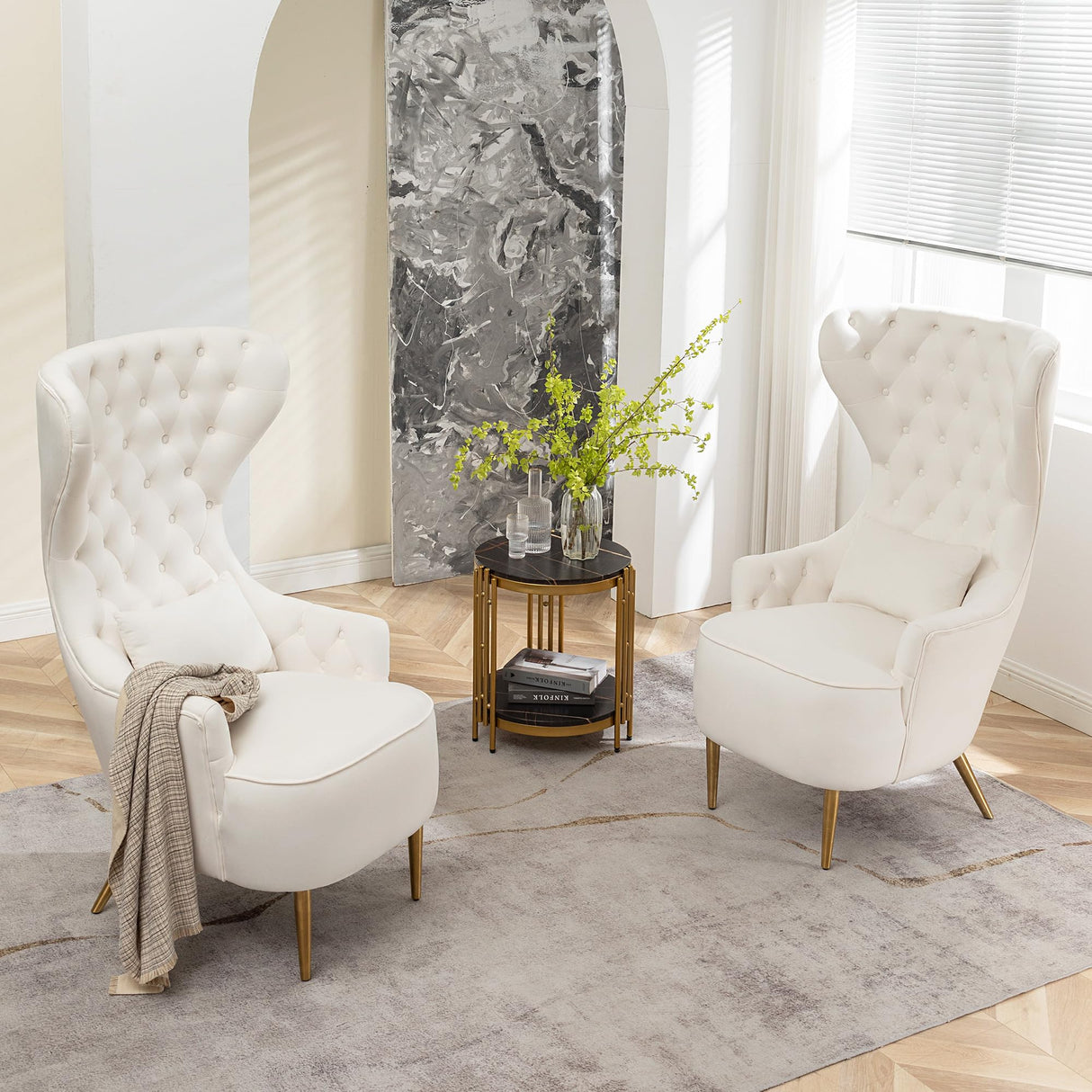 KINWELL 30" W Velvet Tufted High Wingback Chairs Set of 2, Mid Century Modern Accent Armchairs with Gold Metal Legs & Toss Pillow for Living Room Dining Bedroom Apartment, Cream KINWELL