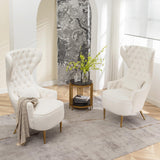 KINWELL 30" W Velvet Tufted High Wingback Chairs Set of 2, Mid Century Modern Accent Armchairs with Gold Metal Legs & Toss Pillow for Living Room Dining Bedroom Apartment, Cream KINWELL