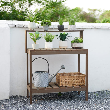 Psilvam Outdoor Poly Lumber Potting Bench, Polystyrene Garden Table with Storage Shelves, All-Weather Patio Work Station for Gardening(Brown) Psilvam
