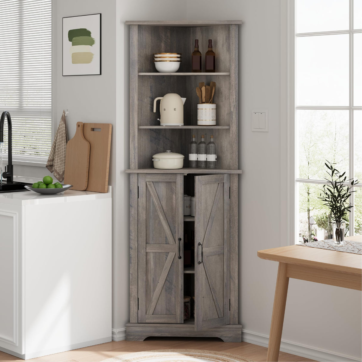 Smuxee Tall Corner Storage Cabinet, Farmhouse Corner Cabinet with Barn Door and Adjustable Shelf, Wash Grey Freestanding Cabinet Organizer for Bathroom, Kitchen, Living Room Smuxee