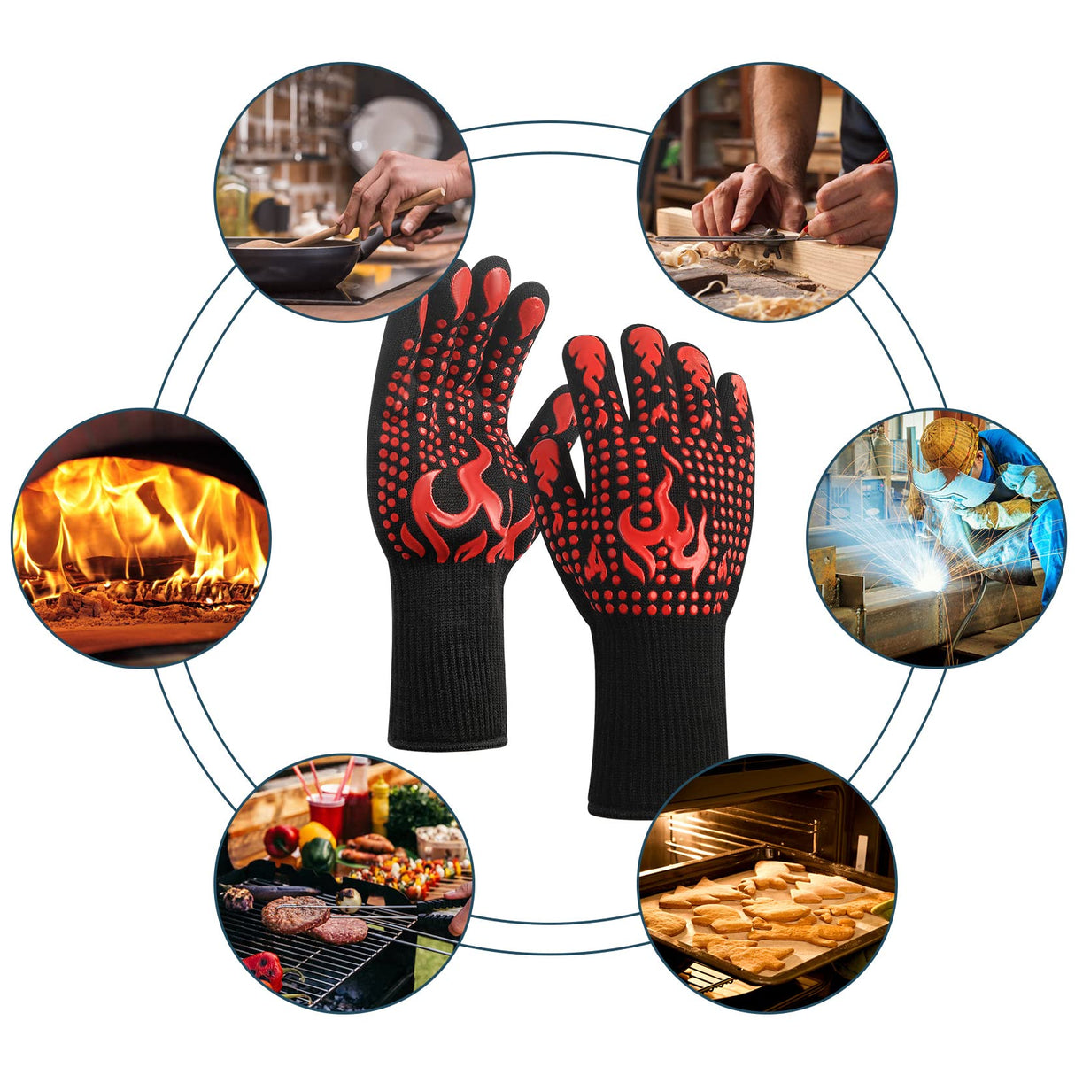HexinYigjly 1 Pair/2 Pieces BBQ Gloves, Grilling Gloves, Heat Resistant Barbecue Oven Gloves, 1472°F/800°C Kitchen Fireproof Mitts Heat Proof for Grilling, Baking, Cooking, Welding Gloves Mitts - Red HexinYigjly