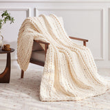 Negwoo Chunky Knit Throw Blanket, 50''*60'' Knitted Throw Chenille Yarn for Bed Couch, Handmade Cream Crochet Big Thick Blanket, Machine Washable Cute Comfy Blanket for Home Decor Negwoo