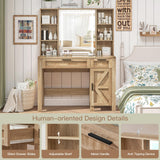 usikey Farmhouse Makeup Vanity Desk with Mirror and Lights, Glass Tabletop Makeup Vanity with Adjustable Shelves, Vanity Table Set with 2 Drawers and Side Cabinet for Bedroom, Maple usikey