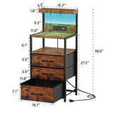 SZLHANJZ Nightstand, Dresser Nightstand with Charging Station, 3 Drawers Night Stand with Storage and LED Lights, 3 Shelves and Hooks, End Side Table for Bedroom, Rustic Brown SZLHANJZ