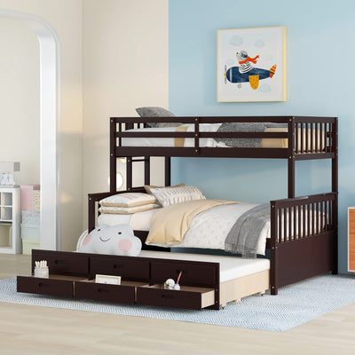 Linique Espresso Twin-Over-Full Bunk Bed with Trundle and 3 Storage Drawers