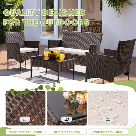 Greesum Patio Furniture 4 Pieces Conversation Sets Outdoor Wicker Rattan Chairs Garden Backyard Balcony Porch Poolside loveseat with Cushion and Glass Table, Brown and Beige Greesum