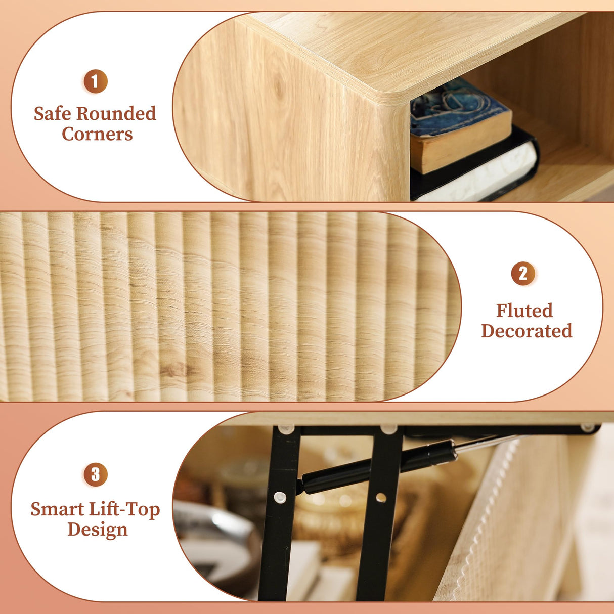 LYNCOHOME Fluted Lift Top Coffee Table with Hidden Compartment, Modern Center Table for Living Room, Home Office, Natural LYNCOHOME