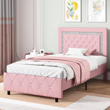 Twin Bed Frame with Headboard, Faux Leather Upholstered Bed with Diamond Tufted Design, Princess Twin Bed Frames for Kids, No Box Spring Required, Easy Assembly, Pink BarnFurin