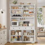 HOSTACK 75.4" Tall Kitchen Pantry Cabinet with Charging Station, Modern White Kitchen Hutch with Microwave Stand and Wine Racks, Large Food Pantry Storage Cabinet with Glass Doors and Drawers, White HOSTACK