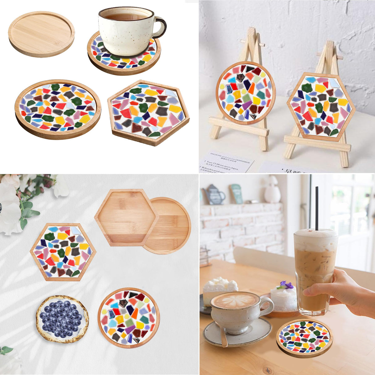 Nuyoach Mosaic Tiles Crafts Kits for Kids Adults,2 Sets DIY Glass Mosaic Craft with Wooden Coaster Making Materials Package for Women Seniors,Ceramic Mosaic Art Bulk Gifts for Home Decor Summer Party Nuyoach