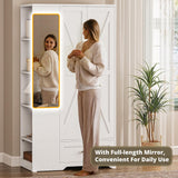 LIKIMIO Armoire Wardrobe Closet with Barn Doors and Drawers and Full Mirror and 5 Storage Shelves 70" Wooden Bedroom Wardrobe Combination for Hanging Clothes, White LIKIMIO