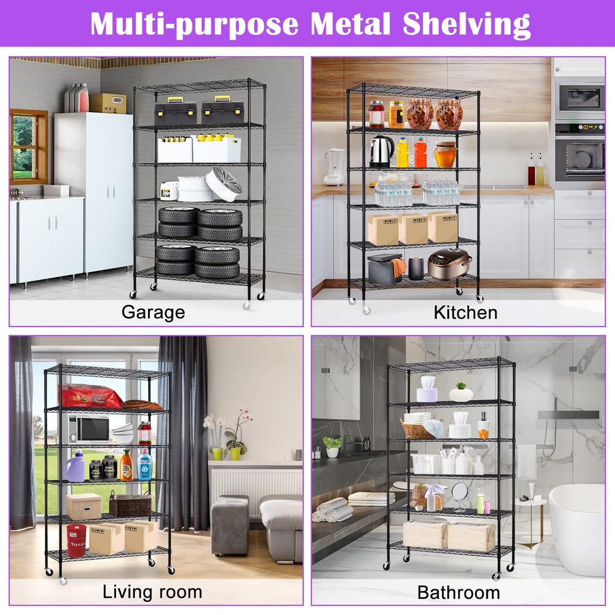 Storage Shelves 6-Tier Wire Shelving Unit Garage Shelving with Wheels 2100LBS Capacity,18" D x 48" W x 78" H Metal Shelves Storage Rack Heavy Duty Shelving for Garage Kitchen Pantry,Black Capacmkseh