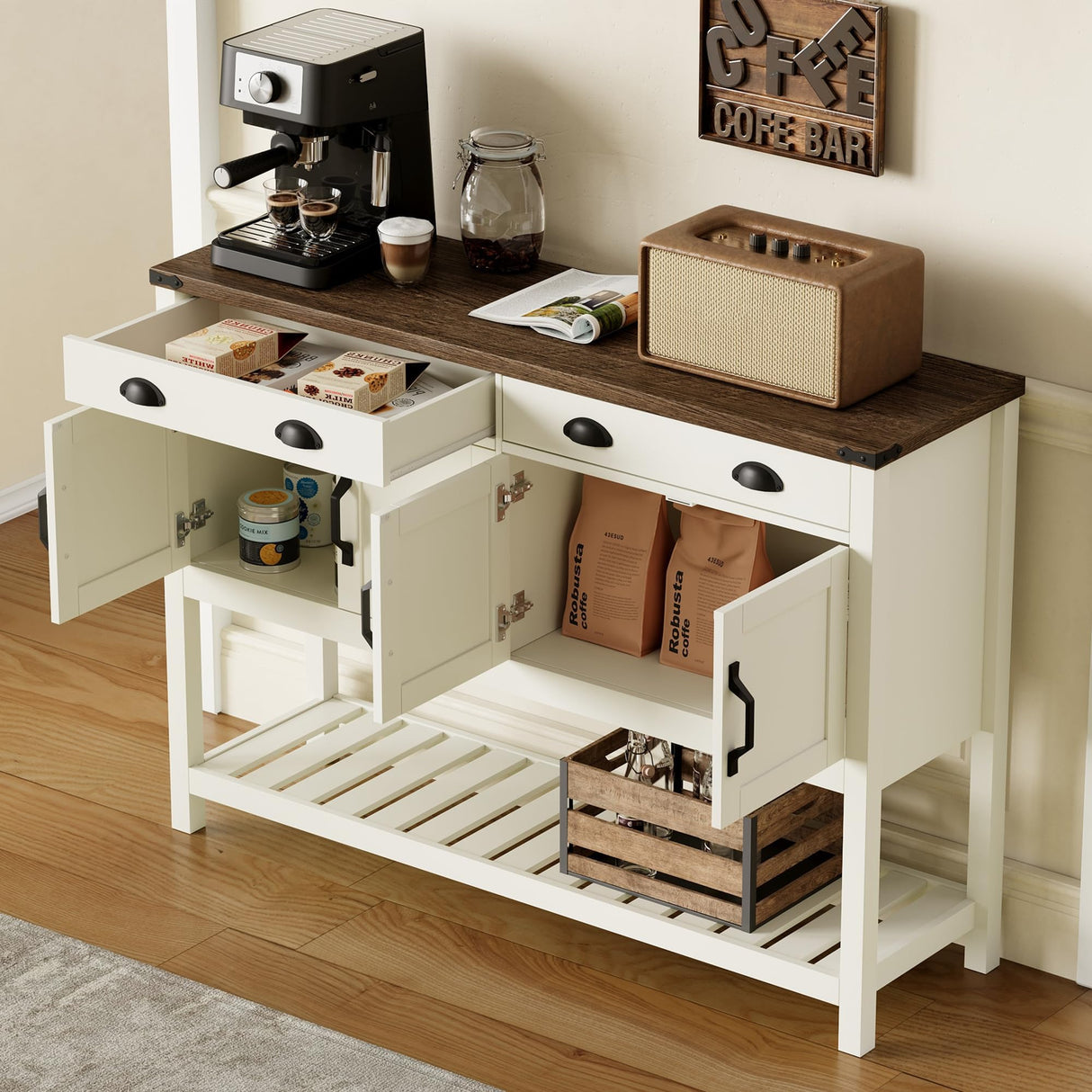 ChooChoo 47" Farmhouse Console Table with Storage, Rustic Entryway Table with Drawers & Doors, Narrow Long Sofa Table for Living Room, Hallway, Behind Couch, Soft White and Brown ChooChoo