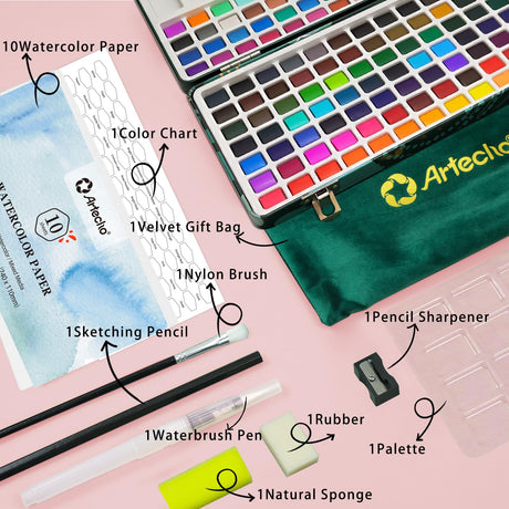 Artecho Watercolor Paint Set 128 Colors, Water Colors Paint Adult Set with Watercolor Papers and Brushes, Perfect Watercolor Kit for Beginners & Professionals Artecho