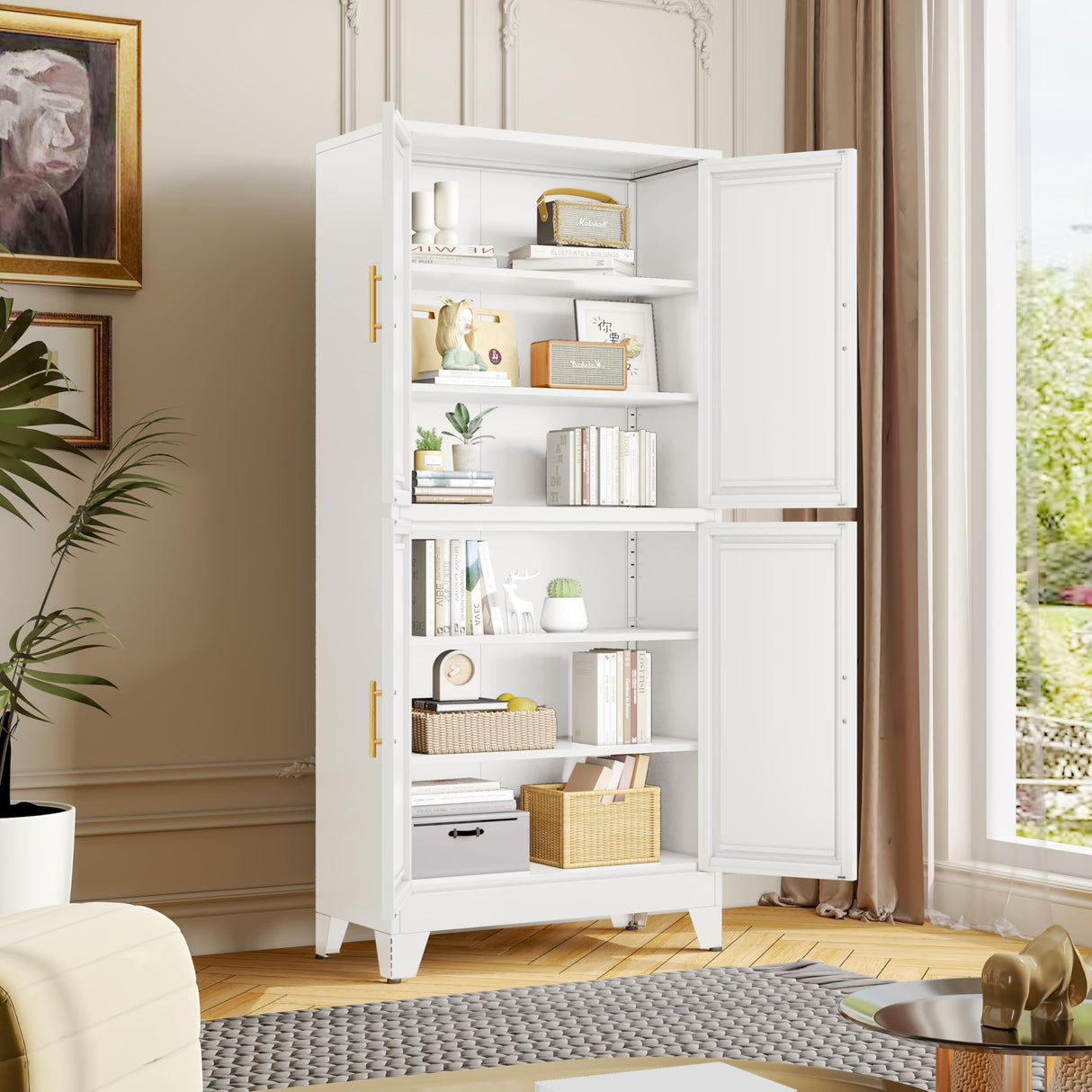 winiowa 75" Tall Kitchen Pantry Cabinet, Metal Storage Cabinet with Doors and Adjustable Shelves, White Freestanding Pantry Cabinet for Kitchen, Dining Room, Living Room, Laundry Room, Bathroom winiowa